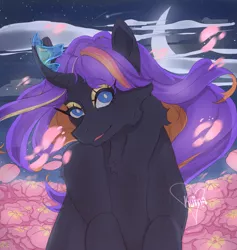 Size: 2224x2342 | Tagged: safe, artist:kuinabun, derpibooru import, oc, unofficial characters only, butterfly, insect, pony, unicorn, bust, chest fluff, crescent moon, curved horn, female, flower, horn, image, mare, moon, night, outdoors, petals, png, signature, smiling, solo, stars, transparent moon, unicorn oc