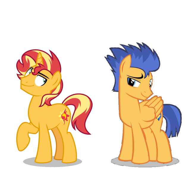 Size: 972x938 | Tagged: safe, artist:orin331, derpibooru import, edit, vector edit, flash sentry, sunset shimmer, pegasus, pony, unicorn, gay, half r63 shipping, image, male, png, r63 paradox, r63 shipping, rule 63, shipping, sunset glare, vector