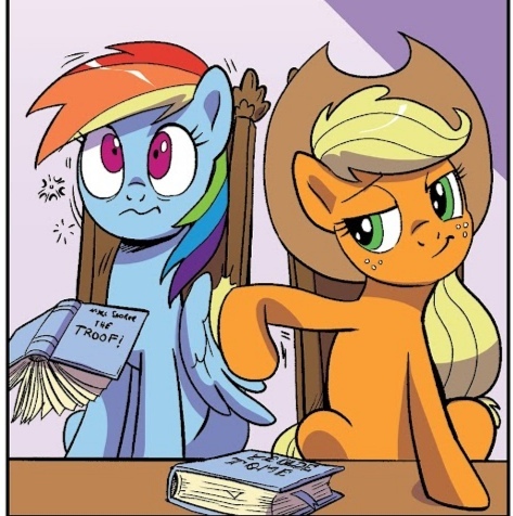 Size: 473x476 | Tagged: safe, artist:pencils, derpibooru import, idw, applejack, rainbow dash, spoiler:comic95, book, comic, cropped, image, jpeg, nudge, season 10, waking up