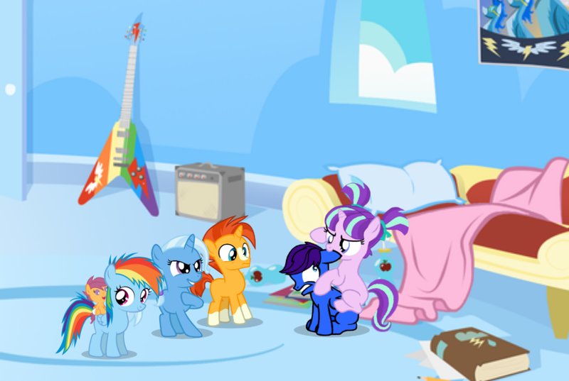 Size: 1106x743 | Tagged: safe, artist:xmastermmosx, derpibooru import, rainbow dash, scootaloo, starlight glimmer, sunburst, trixie, oc, pony, baby, baby pony, baby scootaloo, biting, colt, colt sunburst, ear bite, female, filly, filly rainbow dash, filly starlight glimmer, filly trixie, foal, image, male, png, younger