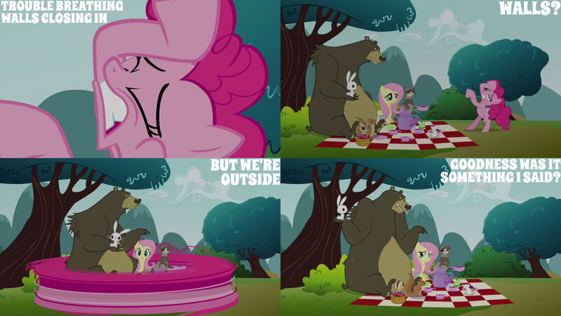 Size: 1280x720 | Tagged: safe, derpibooru import, edit, edited screencap, editor:quoterific, screencap, angel bunny, fluttershy, harry, pinkie pie, bear, earth pony, mouse, pegasus, pony, rabbit, season 3, too many pinkie pies, animal, eyes closed, female, image, jpeg, male, mare, text