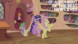 Size: 1280x720 | Tagged: safe, derpibooru import, edit, edited screencap, editor:quoterific, screencap, fluttershy, spike, twilight sparkle, twilight sparkle (alicorn), alicorn, dragon, pegasus, pony, season 4, three's a crowd, ^^, book, cute, eyes closed, female, golden oaks library, image, jpeg, library, male, mare, open mouth, open smile, shyabetes, smiling, spread wings, text, trio, wings