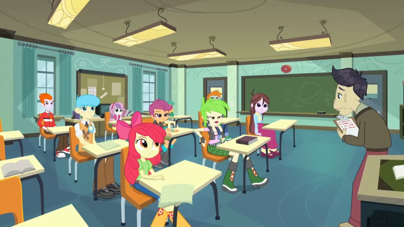 Size: 3410x1920 | Tagged: safe, derpibooru import, screencap, apple bloom, cranky doodle donkey, heath burns, scootaloo, snails, snips, sweetie belle, velvet sky, equestria girls, friendship games, apple bloom's bow, boots, bow, chalkboard, clothes, cutie mark crusaders, female, hair bow, high res, image, jpeg, male, shoes