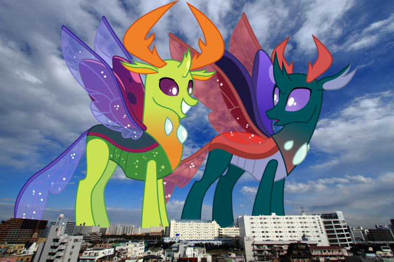 Size: 3000x2000 | Tagged: safe, artist:frownfactory, artist:thegiantponyfan, derpibooru import, pharynx, thorax, changedling, changeling, antlers, brothers, changedling brothers, duo, giant changeling, grin, high res, highrise ponies, horn, image, irl, japan, king thorax, looking back, macro, male, mega giant, open mouth, photo, png, ponies in real life, prince pharynx, siblings, smiling, spread wings, standing, story included, tokyo, wings