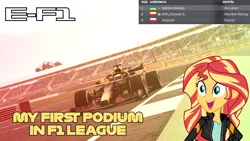 Size: 1920x1080 | Tagged: safe, derpibooru import, sunset shimmer, human, equestria girls, energy drink, excited, f1 2020, f1 car, f1 game, female, formula 1, game, image, png, red bull, solo