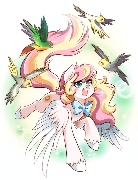 Size: 2064x2692 | Tagged: safe, artist:nekoshiei, derpibooru import, oc, oc:ninny, unofficial characters only, bird, pegasus, pony, blushing, bowtie, female, image, jpeg, mare, open mouth, smiling, solo, unshorn fetlocks