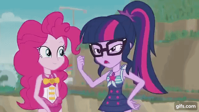 Size: 640x360 | Tagged: safe, derpibooru import, screencap, pinkie pie, sci-twi, twilight sparkle, equestria girls, equestria girls series, friendship math, animated, beach, clothes, duo, duo female, female, geode of sugar bombs, geode of telekinesis, gif, gifs.com, glasses, image, jewelry, magical geodes, necklace, one-piece swimsuit, open mouth, ponytail, shrunken pupils, sweat, swimsuit