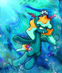 Size: 880x1044 | Tagged: safe, artist:ioncorupterx, derpibooru import, oc, unofficial characters only, earth pony, fish, octopus, pony, bubble, coral, crepuscular rays, female, image, mare, ocean, png, smiling, solo, sunlight, swimming, teeth, underwater, water