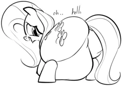 Size: 476x338 | Tagged: suggestive, artist:dotkwa, derpibooru import, fluttershy, pegasus, pony, belly, belly on floor, big belly, butt, fat, fattershy, female, flutterbutt, huge belly, image, looking at you, looking back, looking back at you, mare, monochrome, obese, plot, png, solo, solo female