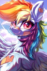 Size: 2000x3000 | Tagged: safe, artist:ask-colorsound, derpibooru import, rainbow dash, pegasus, pony, bandaid, chest fluff, cloud, cute, dashabetes, ear fluff, female, fluffy, image, injured, jpeg, mare, scratches, sky, smiling, smirk, solo