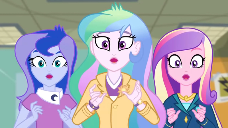 Size: 3410x1920 | Tagged: safe, derpibooru import, screencap, princess cadance, princess celestia, princess luna, acadeca, equestria girls, friendship games, dean cadance, female, high res, image, jpeg, open mouth, principal celestia, trio, vice principal luna