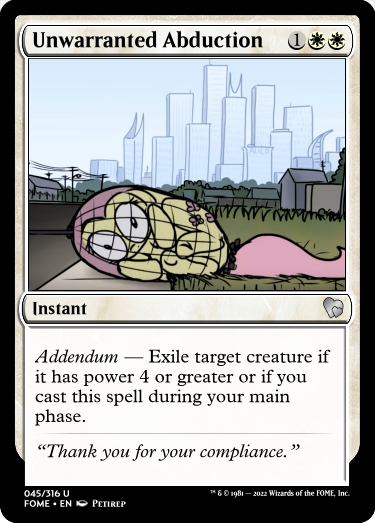 Size: 375x523 | Tagged: safe, artist:petirep, derpibooru import, edit, fluttershy, mentally advanced series, rainbow dash presents, ccg, city, cityscape, grass, image, magic the gathering, net, png, power line, street, trading card, trading card edit, wide eyes