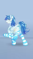 Size: 3105x5520 | Tagged: suggestive, alternate version, artist:alus, derpibooru import, oc, oc:dr.lancet dois, unofficial characters only, pegasus, pony, alternate clothes, clothes, dock, femboy, image, male, panties, png, rear view, socks, stallion, stockings, striped panties, striped socks, striped stockings, striped underwear, tail, thigh highs, underwear