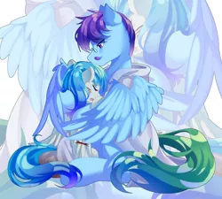 Size: 2918x2627 | Tagged: safe, artist:alus, derpibooru import, oc, oc:dr.lancet dois, oc:dr.picsell dois, unofficial characters only, pegasus, blood, clothes, comforting, crying, father and child, father and son, hug, image, injured, injured wing, lab coat, male, png, wings