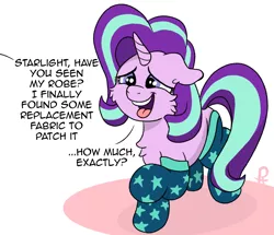 Size: 1306x1121 | Tagged: safe, artist:pony-thunder, derpibooru import, starlight glimmer, pony, unicorn, cheek fluff, chest fluff, clothes, comic, dialogue, female, image, implied sunburst, mare, offscreen character, open mouth, open smile, png, smiling, socks, solo