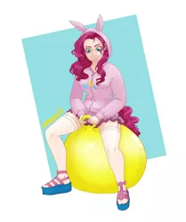 Size: 1280x1529 | Tagged: safe, artist:xoxori, derpibooru import, pinkie pie, human, clothes, hoodie, humanized, image, jpeg, sandals, space hopper