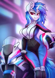 Size: 2480x3508 | Tagged: suggestive, artist:dandy, derpibooru import, vinyl scratch, anthro, unicorn, absolute cleavage, breasts, chest fluff, cleavage, clothes, ear fluff, explicit source, female, gloves, grin, helmet, high res, horn, image, knee pads, looking at you, motocross outfit, motorcycle, motorcycle helmet, neon, png, smiling, solo, solo female, unzipped