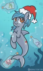 Size: 696x1148 | Tagged: safe, artist:redpalette, derpibooru import, original species, shark, shark pony, background, bottle, christmas, cute, cutie mark, hat, holiday, image, jpeg, santa hat, scene, shark pony oc, smiling, tooth, underwater