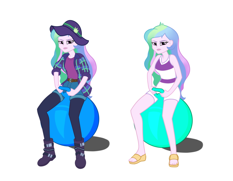 Size: 6099x4744 | Tagged: safe, artist:archadragon, artist:joshspeed7, derpibooru import, princess celestia, human, equestria girls, clothes, denim shorts, female, hat, image, jacket, leggings, looking at you, png, principal celestia, sandals, short sleeves, shorts, simple background, sleeveless, space hopper, unamused