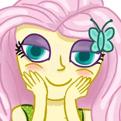 Size: 2000x2000 | Tagged: safe, artist:heaveneugene, derpibooru import, fluttershy, equestria girls, blushing, butterfly hairpin, female, hands on cheeks, image, lidded eyes, png, simple background, smiling, solo, transparent background