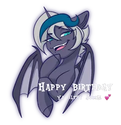 Size: 1243x1282 | Tagged: safe, artist:wicked-red-art, derpibooru import, oc, oc:elizabat stormfeather, unofficial characters only, alicorn, bat pony, bat pony alicorn, pony, alicorn oc, bat pony oc, bat wings, bedroom eyes, birthday, birthday gift, fangs, female, heart, horn, image, mare, misspelling, open mouth, png, raised hoof, simple background, solo, transparent background, wings