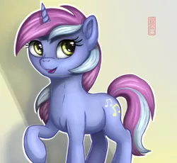 Size: 1178x1083 | Tagged: safe, artist:celsian, derpibooru import, lavender melody, pony, unicorn, background pony, ear fluff, female, image, looking at you, mare, nachtmusik, open mouth, png, raised hoof, signature, solo