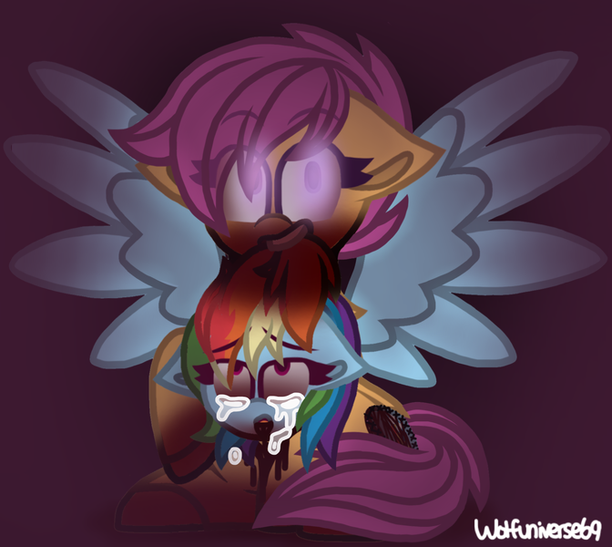 Size: 1600x1428 | Tagged: grimdark, artist:wolfuniverse69, derpibooru import, rainbow dash, scootaloo, pegasus, pony, crying, decapitated, evil scootaloo, female, filly, floppy ears, foal, glow, glowing eyes, image, png, purple background, rainbow dash's wings, raised hoof, redraw, scootobsession, simple background