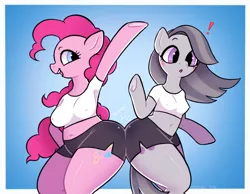 Size: 1743x1356 | Tagged: suggestive, artist:immunefox, derpibooru import, marble pie, pinkie pie, anthro, earth pony, pony, big breasts, bipedal, blue background, blue eyes, breasts, bump, busty pinkie pie, butt, butt bump, butt touch, clothes, confused, cross-eyed, cute, duo, duo female, erect nipples, female, funny, image, marblebetes, mare, nipple outline, pie sisters, png, purple eyes, short shirt, shorts, siblings, simple background, sisters, skintight clothes, small breasts, surprised, thighs, thunder thighs