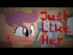 Size: 640x480 | Tagged: semi-grimdark, derpibooru import, rainbow dash, scootaloo, pegasus, pony, fanfic:just like her, clubhouse, creepypasta, duo, evil scootaloo, eye twitch, fanfic art, female, filly, foal, image, insanity, jpeg, looking offscreen, messy mane, scootobsession