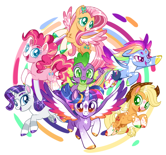 Size: 1024x957 | Tagged: safe, artist:goldlines005, derpibooru import, applejack, fluttershy, pinkie pie, rainbow dash, rarity, spike, twilight sparkle, twilight sparkle (alicorn), alicorn, dragon, earth pony, pegasus, pony, unicorn, abstract background, eyelashes, female, hat, image, male, mane seven, mane six, mare, png, rainbow power, running, simple background, smiling, white background