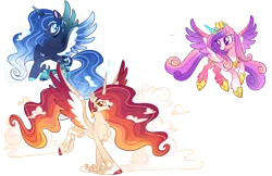 Size: 1111x719 | Tagged: safe, artist:goldlines005, derpibooru import, princess cadance, princess celestia, princess luna, alicorn, pony, female, flying, horn, image, looking back, mare, png, redesign, simple background, transparent background, wings