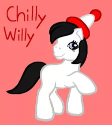 Size: 562x624 | Tagged: safe, artist:mlpfanboy579, derpibooru import, ponified, bird, earth pony, penguin, pony, black hair, black mane, black tail, chilly willy, crossover, female, full body, g3, gray eyes, hat, hooves, image, mare, png, raised hoof, raised leg, red background, simple background, smiling, standing, tail, winter hat, woody woodpecker