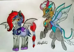 Size: 1920x1350 | Tagged: safe, artist:monse2001, derpibooru import, oc, unofficial characters only, bat pony, changedling, changeling, pony, armor, bat pony oc, bat wings, changedling oc, changeling oc, deviantart watermark, duo, helmet, image, jpeg, night guard, obtrusive watermark, rearing, signature, traditional art, watermark, wings