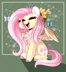 Size: 1209x1321 | Tagged: safe, artist:sakukitty, derpibooru import, fluttershy, butterfly, insect, pegasus, pony, chest fluff, cute, eyes closed, female, flower, flower in hair, image, jpeg, mare, shyabetes, smiling, solo