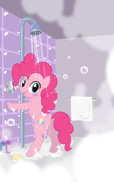 Size: 1200x1920 | Tagged: safe, artist:zigrock, derpibooru import, pinkie pie, earth pony, pony, bipedal, bubble, female, image, jpeg, looking at you, looking back, looking back at you, mare, shower, solo, standing on two hooves, towel