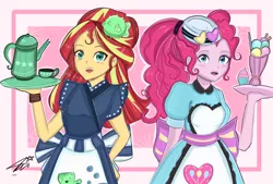 Size: 1748x1181 | Tagged: safe, artist:namieart, derpibooru import, pinkie pie, sunset shimmer, equestria girls, cup, duo, female, food, ice cream, image, png, server pinkie pie, sunset sushi, tea, teacup, waitress