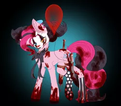 Size: 1024x891 | Tagged: semi-grimdark, artist:maneblue, derpibooru import, pinkie pie, earth pony, pony, abstract background, balloon, blood, bow, chest fluff, clothes, clown, ear fluff, female, heterochromia, image, jpeg, knife, mare, socks, solo, striped socks