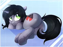 Size: 2556x1934 | Tagged: suggestive, alternate version, artist:kannakiller, derpibooru import, oc, ponified, ponified:kellin quinn, pony, unicorn, abstract background, butt, clothes, commission, disguise, disguised siren, dock, fangs, featureless crotch, floppy ears, horn, image, looking at you, looking back, looking back at you, male, plot, png, shirt, sleeping with sirens, slit pupils, solo, solo male, stallion, t-shirt, tail, underhoof, ych result