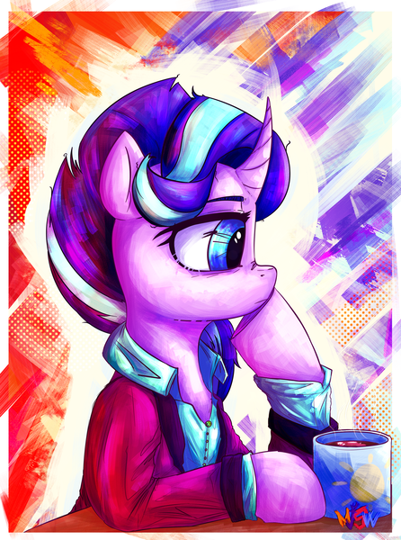 Size: 3000x4032 | Tagged: safe, artist:mjsw, derpibooru import, starlight glimmer, pony, unicorn, chocolate, clothes, female, food, hot chocolate, image, mare, mug, older, older starlight glimmer, png, solo, thinking