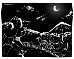 Size: 2500x2000 | Tagged: safe, artist:kaikururu, derpibooru import, applejack, earth pony, pony, crescent moon, female, hat, image, inktober, inktober 2018, mare, monochrome, moon, night, outdoors, png, shooting star, solo, stars