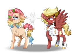 Size: 1600x1200 | Tagged: safe, artist:kaikururu, derpibooru import, oc, earth pony, pegasus, pony, annoyed, clothes, duo, earth pony oc, female, flower, flower in hair, hair over one eye, image, looking back, mare, multicolored hair, pegasus oc, png, rainbow hair, raised hoof, simple background, transparent background, wings