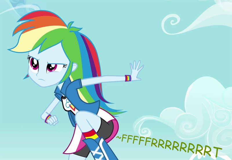 Size: 1000x689 | Tagged: suggestive, artist:thedarkpony, derpibooru import, edit, edited screencap, screencap, rainbow dash, equestria girls, clothes, compression shorts, cropped, fart, fart edit, fart noise, female, image, onomatopoeia, png, raised leg, shorts, sound effects