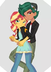 Size: 700x990 | Tagged: safe, artist:imtailsthefoxfan, derpibooru import, sunset shimmer, timber spruce, equestria girls, clothes, duo, female, image, jacket, leather jacket, male, png, shipping, straight, timbershimmer