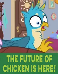 Size: 694x880 | Tagged: safe, derpibooru import, editor:horsesplease, gallus, gryphon, caption, expand dong, exploitable meme, gallus the rooster, gallusposting, image, image macro, kyochon, meme, png, shocked, solo, text, wow! glimmer