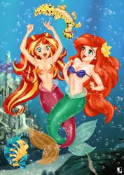 Size: 1000x1414 | Tagged: suggestive, artist:lord--opal, derpibooru import, flounder (character), ray, sunset shimmer, mermaid, equestria girls, ariel, bra, breasts, clothes, crossover, disney, female, human coloration, image, jpeg, mermaidized, open mouth, seashell bra, species swap, starfish bra, the little mermaid, underwater, underwear