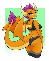 Size: 1800x2250 | Tagged: suggestive, artist:ambris, derpibooru import, smolder, anthro, dragon, adult, ass, bedroom eyes, black underwear, bra, breasts, butt, clothes, commission, dragoness, female, image, jpeg, lizard breasts, looking at you, older, older smolder, panties, socks, solo, solo female, stockings, thigh highs, underwear