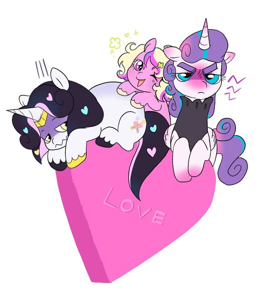 Size: 1450x1613 | Tagged: safe, artist:aztrial, derpibooru import, princess flurry heart, oc, oc:bitterroot, oc:puck, pony, blushing, colt, female, filly, foal, frown, grumpy, heart, heart eyes, image, jpeg, looking at you, male, offspring, older, older flurry heart, one eye closed, parent:princess cadance, parent:shining armor, parents:shiningcadance, princess emo heart, siblings, simple background, trio, white background, wingding eyes, wink, winking at you