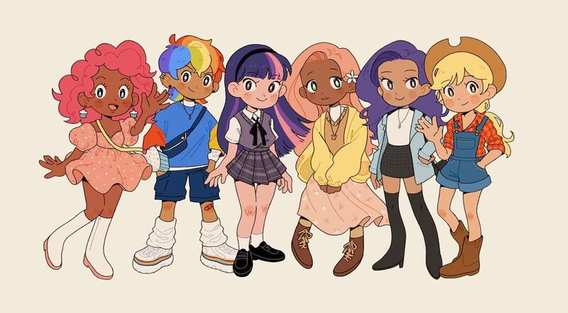 Size: 1080x596 | Tagged: safe, artist:natalie.rosalinda, derpibooru import, applejack, fluttershy, pinkie pie, rainbow dash, rarity, twilight sparkle, human, bag, bandaid, boots, cardigan, clothes, dark skin, dress, ear piercing, earring, female, flower, full body, group, hairpin, happy, hat, headband, humanized, image, jewelry, jpeg, leg warmers, long hair, looking at you, mane six, necklace, necktie, overalls, piercing, platform shoes, pleated skirt, pretty, shoes, short hair, shorts, simple background, skirt, smiling, smirk, socks, vest, waving