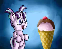 Size: 1280x1024 | Tagged: safe, artist:saburodaimando, derpibooru import, starlight glimmer, pony, unicorn, belly button, bipedal, cute, female, filly, filly starlight glimmer, food, glimmerbetes, ice cream, ice cream cone, image, jpeg, pigtails, solo, starlight glimmer day, younger