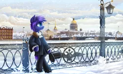 Size: 5000x3000 | Tagged: safe, artist:atlas-66, derpibooru import, oc, unofficial characters only, bat pony, pony, bat pony oc, bat wings, bipedal, bridge, cane, castle, city, clothes, cyrillic, fangs, fence, flag, hat, house, image, lamp, pillar, png, russia, russian, saint petersburg, sky, snow, solo, top hat, tram, wings